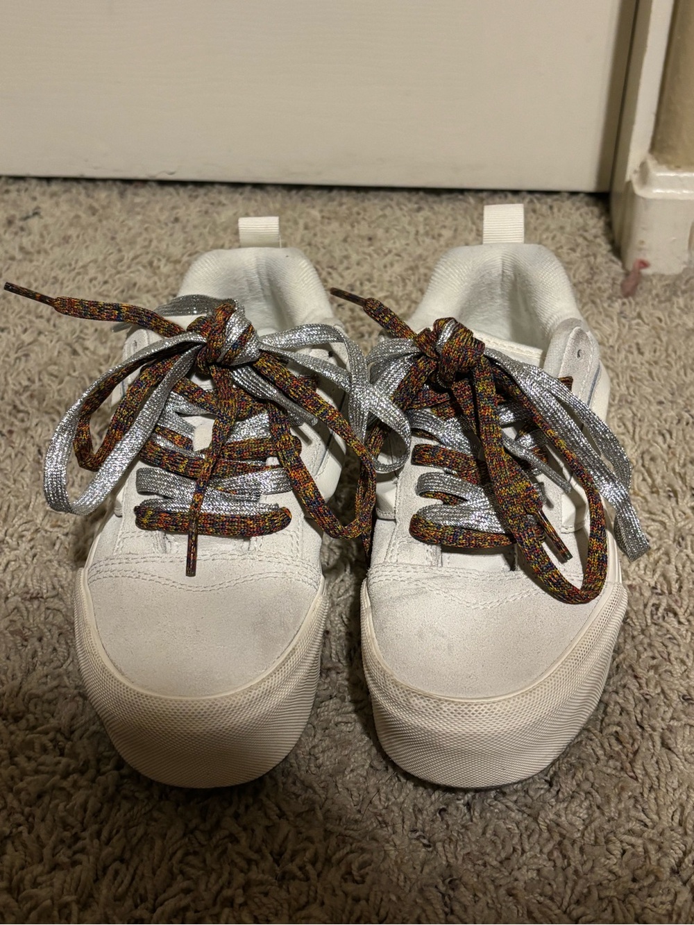 Vans Kids White Sneakers with Silver and Multicolor Laces